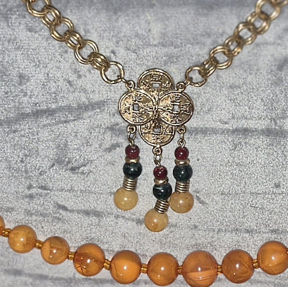Vintage 1928 Co Gold Tone Pendant Necklace & Triple Strand Beads
